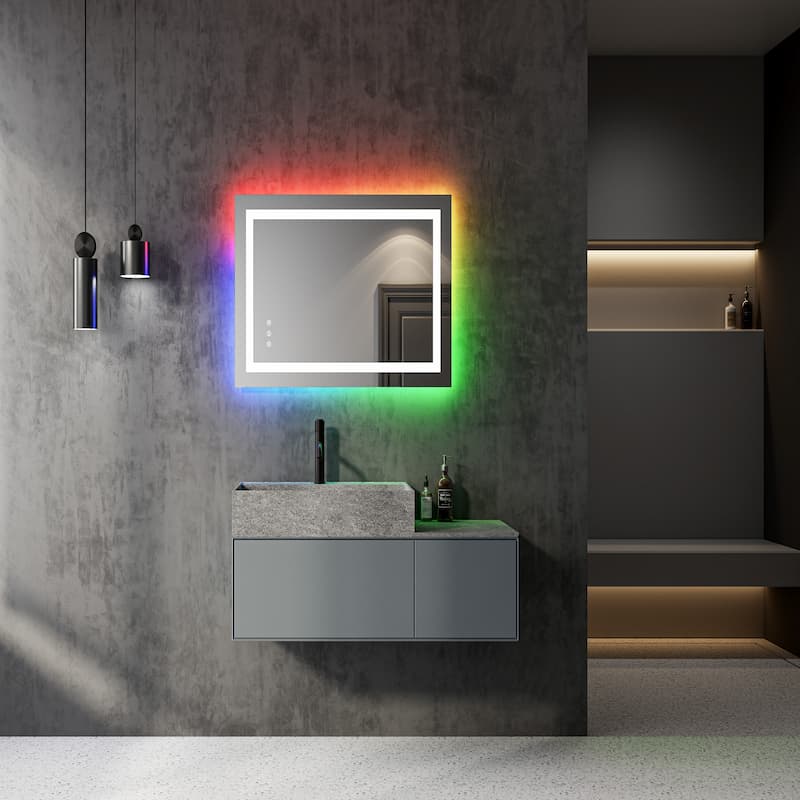DP389 Specchio da bagno senza cornice con illuminazione LED RGB dimmerabile e funzione antiappannamento