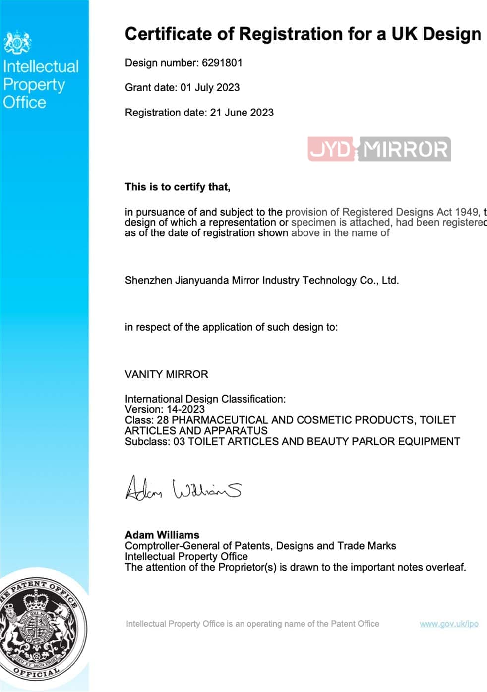Certificato di brevetto sull'aspetto britannico